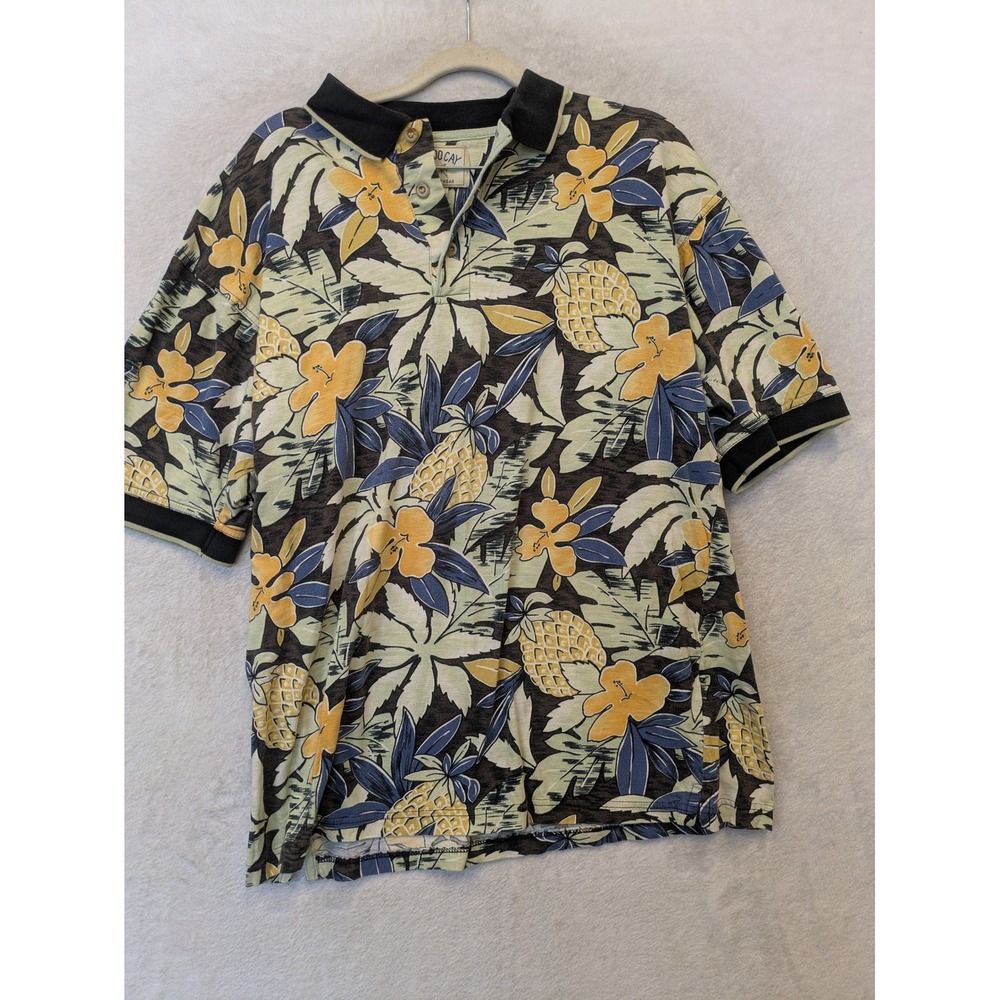 Bamboo Cay Polo Shirt Mens Medium Green Tropical Pineapple Hibiscus Floral Short